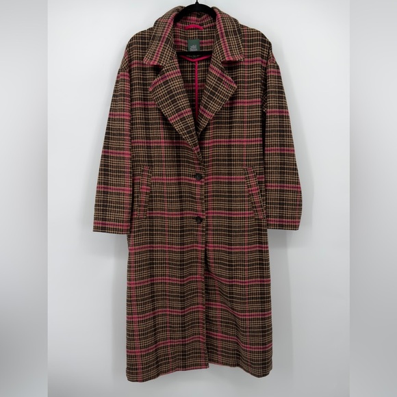 wild fable Jackets & Blazers - Wild Fable Plaid Long Coat Pink Brown Wool Blend Size Small